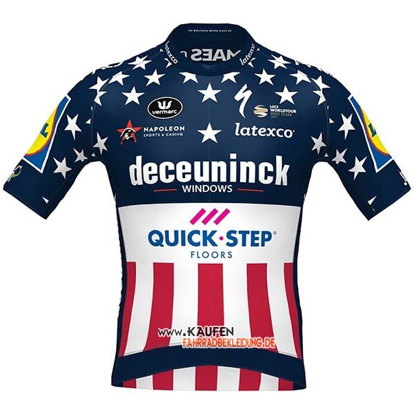 Deceuninck Quick Step Campione USA Kurzarmtrikot 2020 und Kurze Tragerhose Blau
